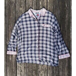 Vintage 90s Tommy Hilfiger Navy Blue Plaid Flannel Button Up Sleep Shirt Sz L